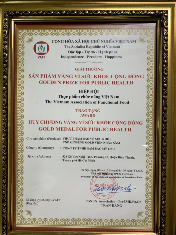 Viên nhân sâm CND Ginseng Gold đoạt giải sản phẩm vàng vì sức khỏe cộng đồng năm 2022