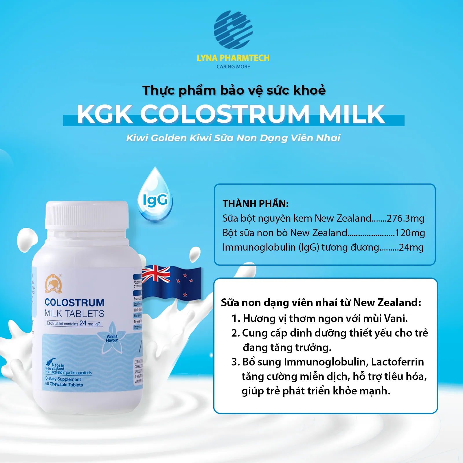 Viên nhai sữa non KGK Milk Colostrum vị vani - Lyna Pharmtech - Droppii Shops