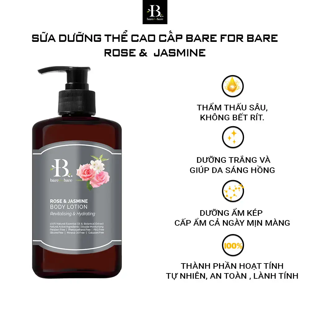 Sữa dưỡng thể dưỡng ẩm Bare For Bare - Rose & Jasmine (phục hồi & dưỡng ẩm) - Droppii Shops